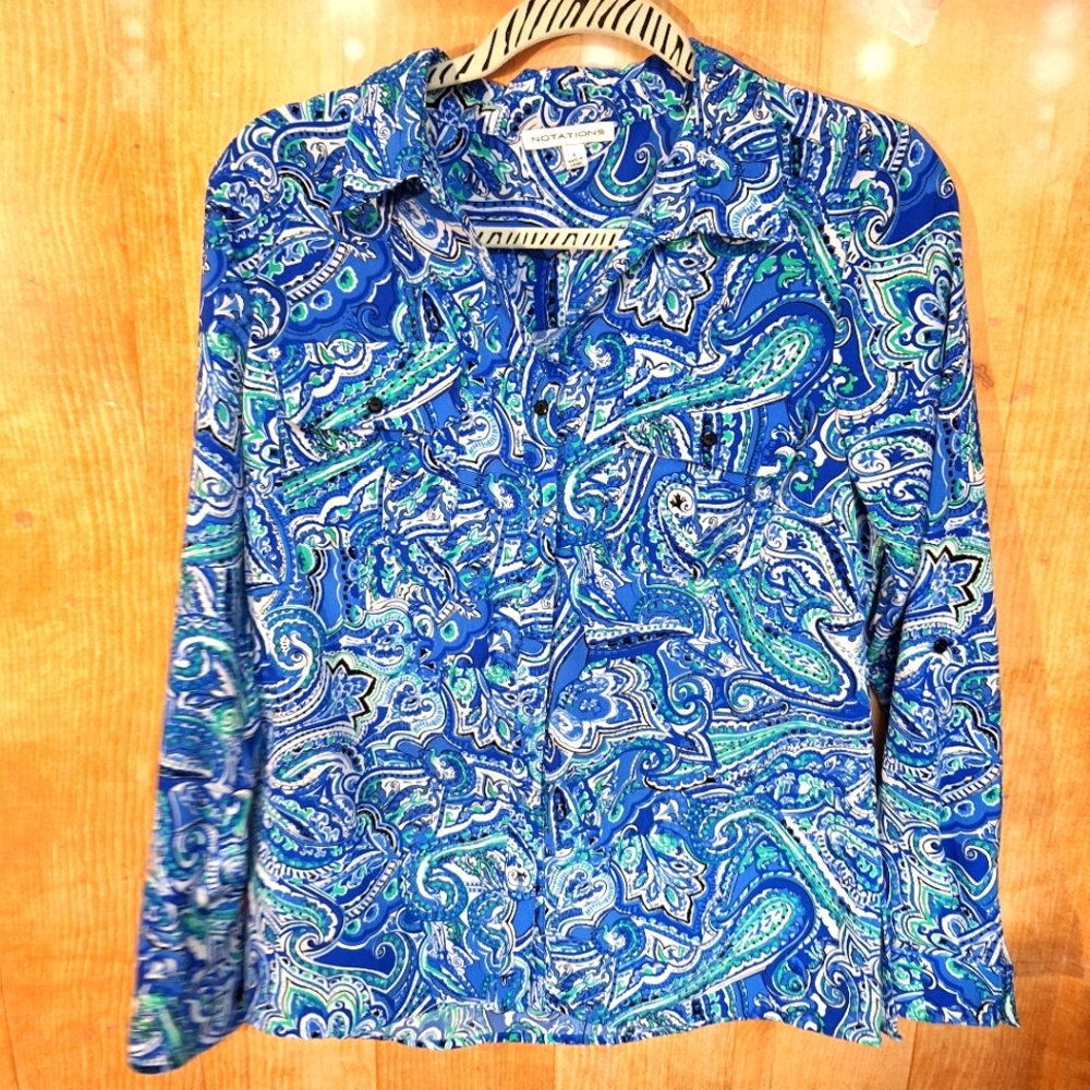 Notations Blue and Green Button Down Shirt with Paisley Design
